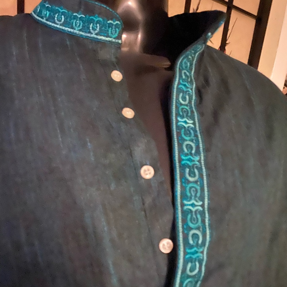 Men's Dark Teal Embroidered Mandarin-Collar Jacket